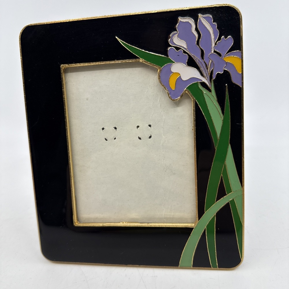 Vtg Cloisonne‎ Iris Black 3.5"x4" Photo Frame Velvet Back Easel Ornate Goldtone